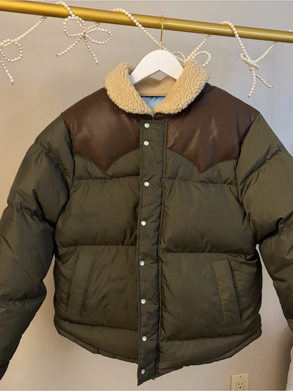 Women's Olive Puffer Jacket with Sherpa Collar